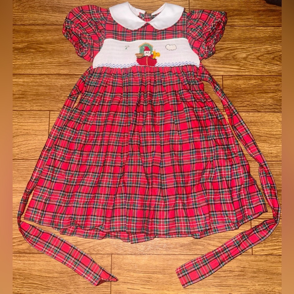 Vintage Anavini Girls christmas smocked dress Tartan Plaid Noah’s Ark size 2 - Picture 3 of 6